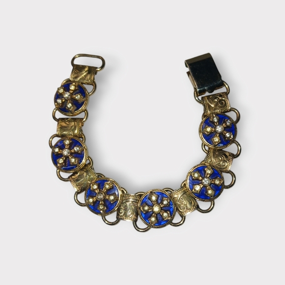 Vintage Silver Tone Bracelet Blue Enamel & Sky Blue-Green Rhinestones Elegant - Picture 2 of 12